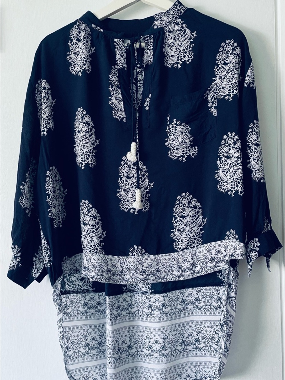 Faithfull The Brand Boho H/L Tunic Blouse Navy White  Tassel Tie Relaxed US 2